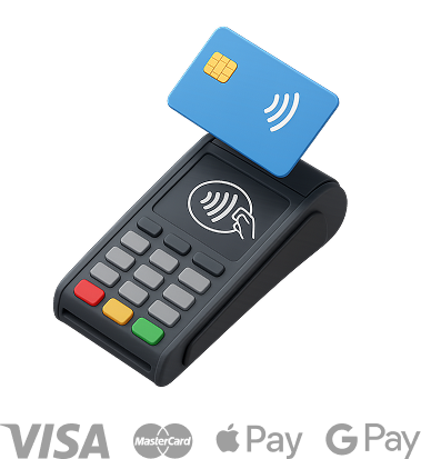 terminal with card and VISA, Mastercard, Apple Pay and Google pay payment methods