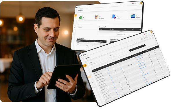 waiter using restaurant POS on tablet
